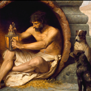 Diogenes in his barrel, watched by attentive dogs