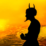 Silhouette of a horned, bearded man against a lake of fire