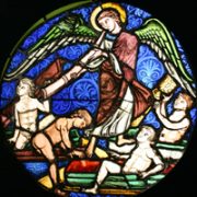 Stained-glass window: Angel with four naked boys